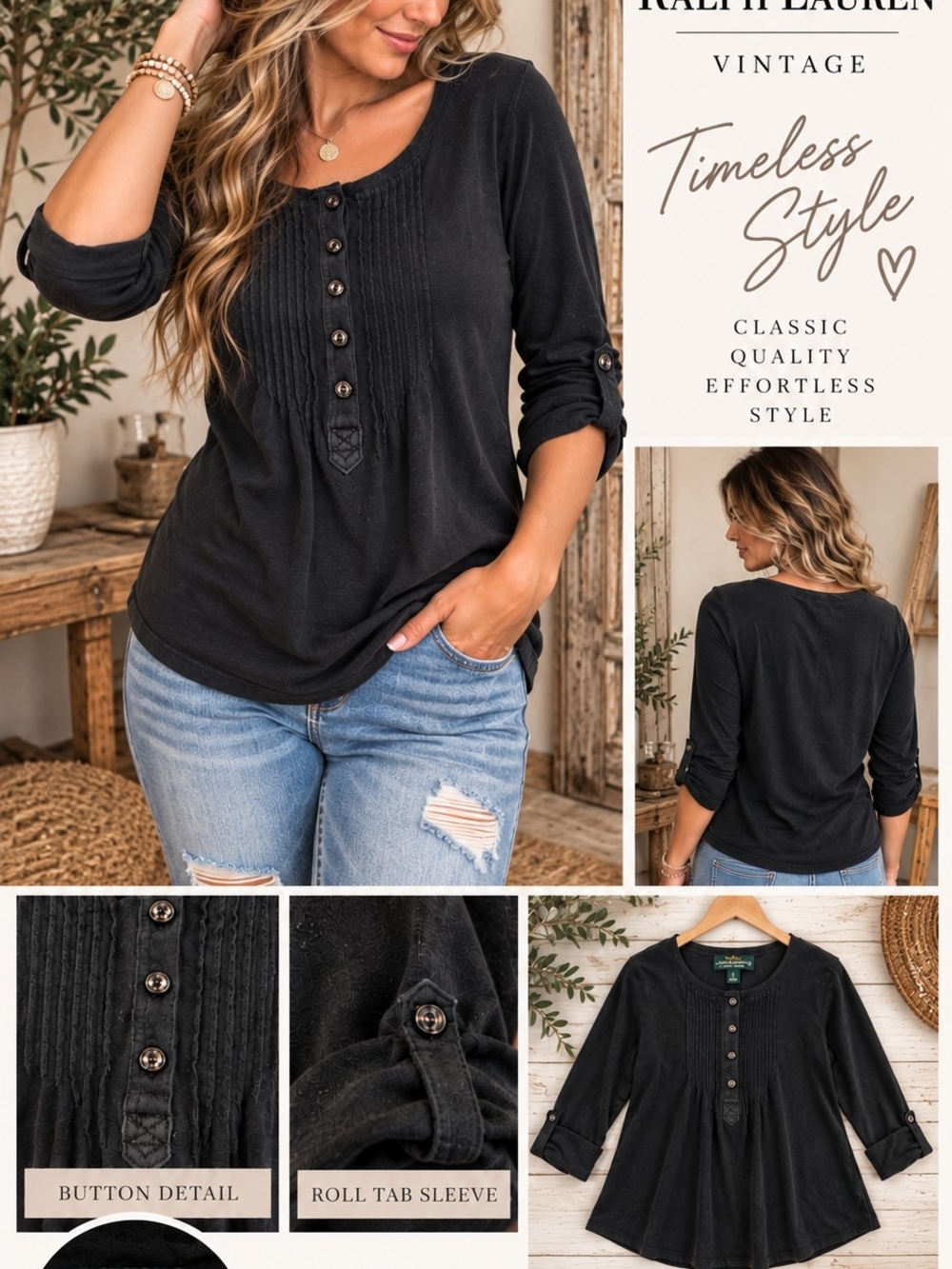 Ralph Lauren Y2K Black Pintuck Henley Tunic Top